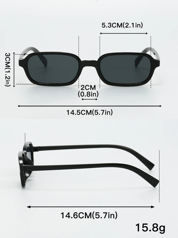 Black retro fashion sunglasses featuring rectangular and oval frames with 5.3cm lenses and a 14.5cm frame width.