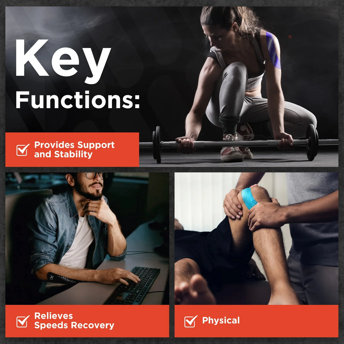 Image showing key functions of kinesiology tape, including support and stability, speeding recovery, and physical relief.