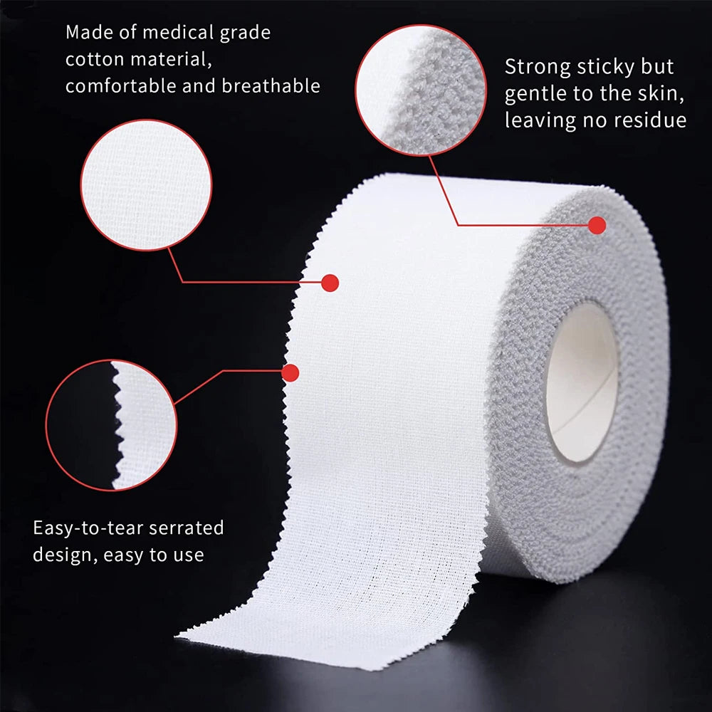 Roll of white medical grade cotton athletic support tape with a serrated edge for easy tearing