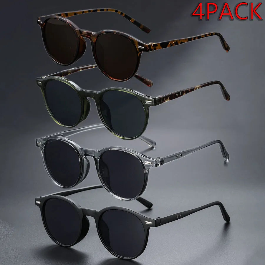 A pack of four brown leopard print retro round sunglasses displayed against a dark gray background.