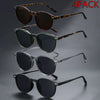 A pack of four brown leopard print retro round sunglasses displayed against a dark gray background.