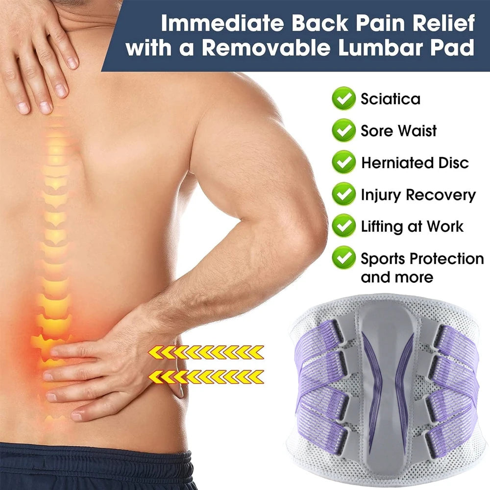 A removable lumbar pad brace for back pain relief shown on a person's lower back and a separate product view.