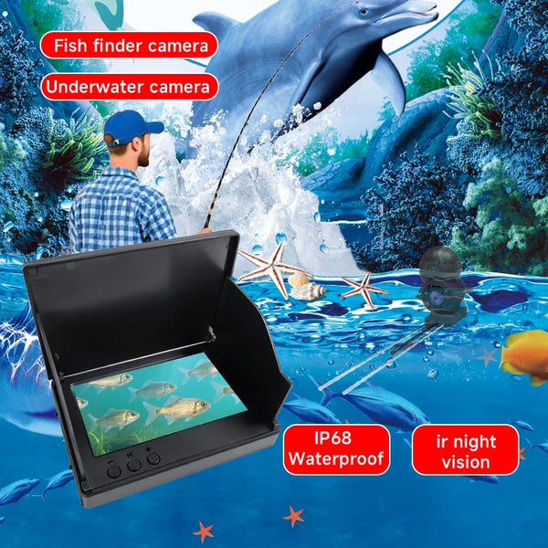 A black handheld underwater camera is shown in an open case, with a large blue whale and starfish visible in the water.