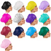 A collection of silicone swim caps in various colors including black, white, yellow, purple, pink, and green.