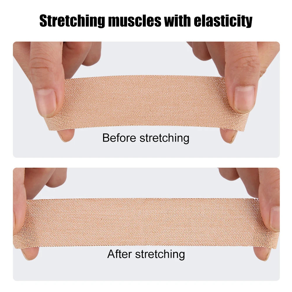 Demonstration of stretching muscles with precut kinesiology tape before and after stretching.