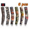 Six different designs of UV protection tattoo arm sleeves displayed on a white background.