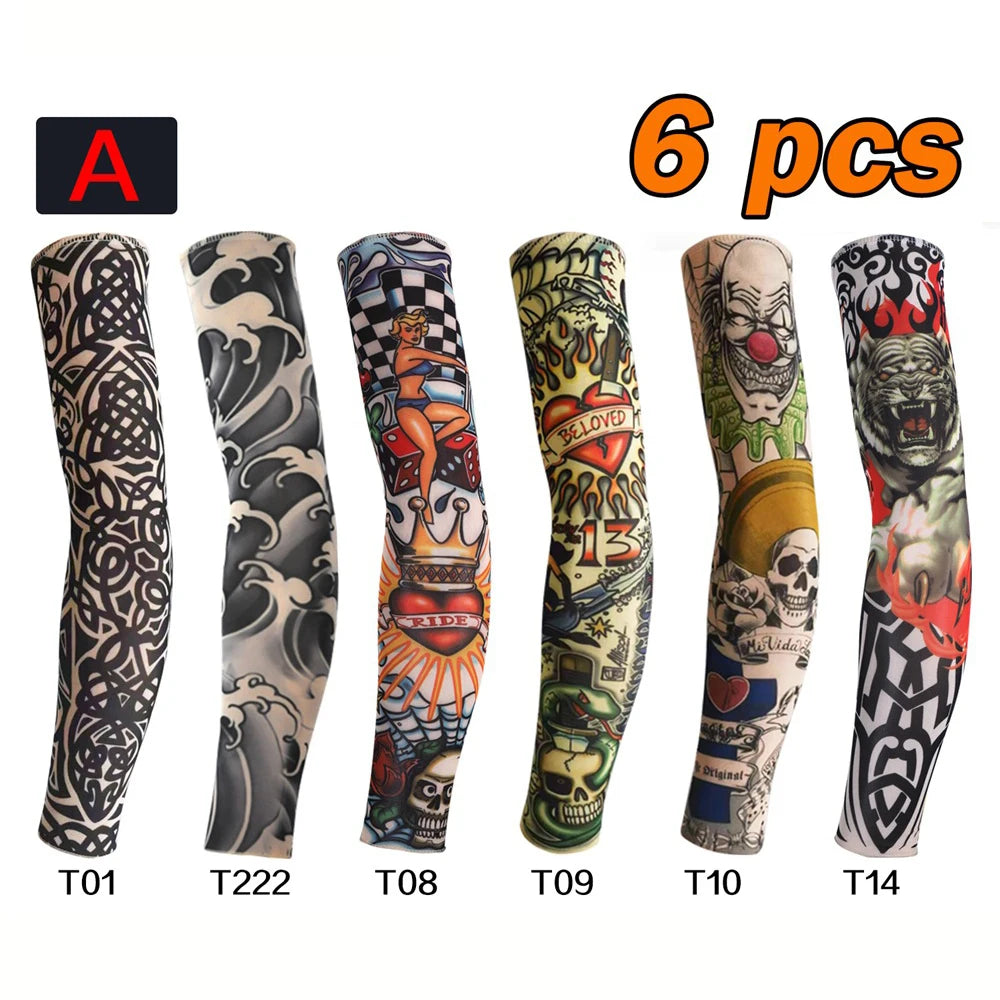 Six different designs of UV protection tattoo arm sleeves displayed on a white background.