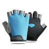 A pair of blue and gray breathable anti-slip gym workout gloves shown from above.