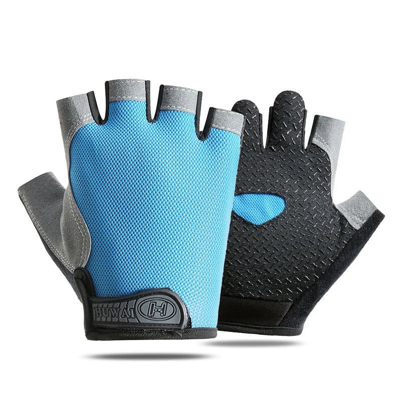 A pair of blue and gray breathable anti-slip gym workout gloves shown from above.