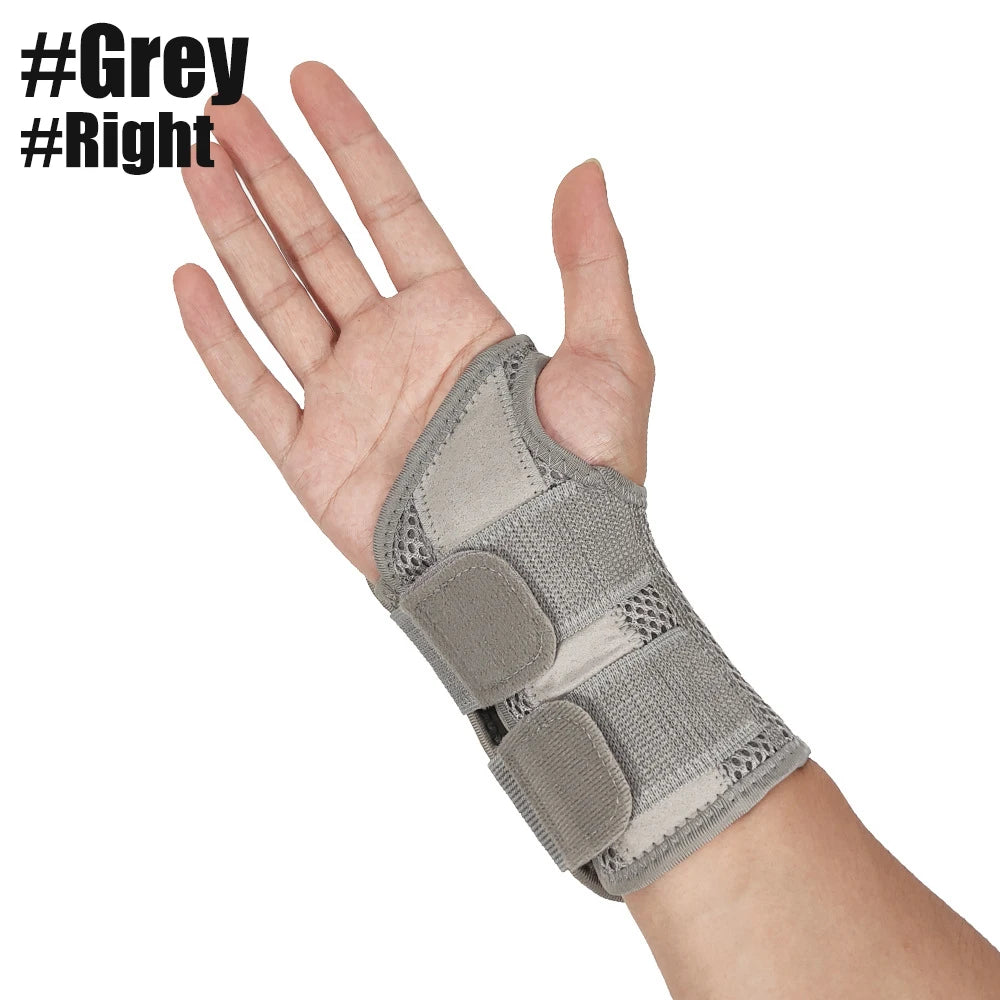 A hand wearing a grey adjustable wrist support brace for pain relief.