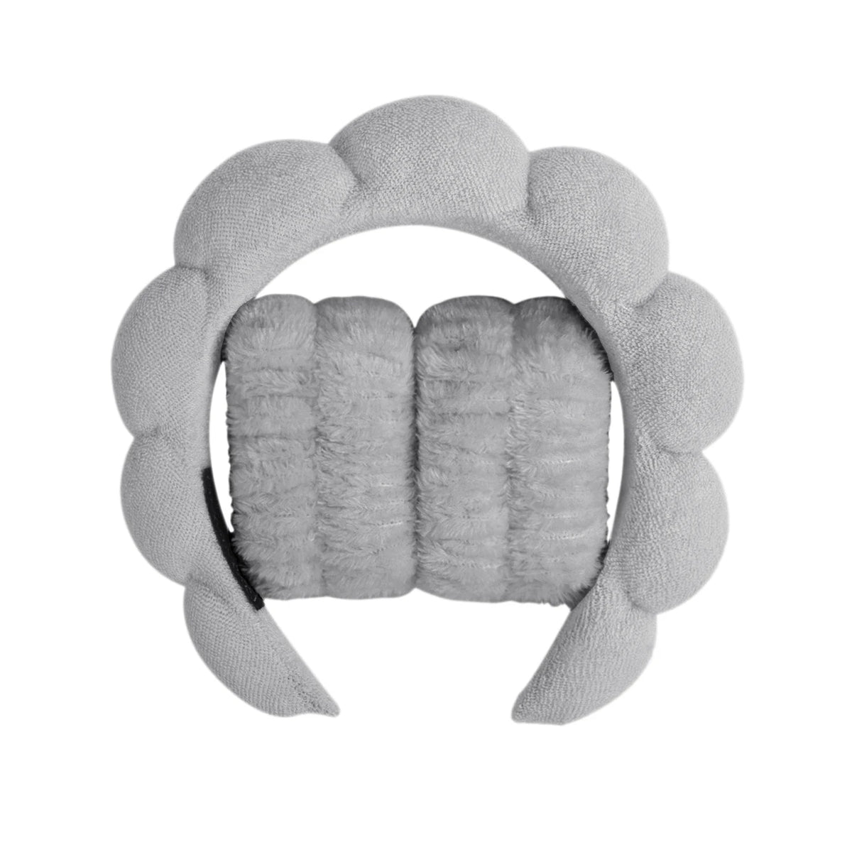A gray microfiber skincare headband and wristband set with a floral design.