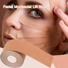 A facial myofascial lift strap is applied to a woman's face using adhesive tape.
