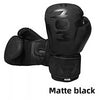 A pair of matte black professional PU leather boxing gloves shown against a white background.