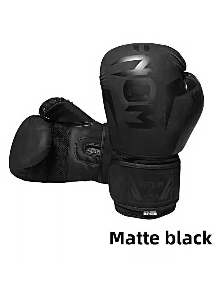 A pair of matte black professional PU leather boxing gloves shown against a white background.