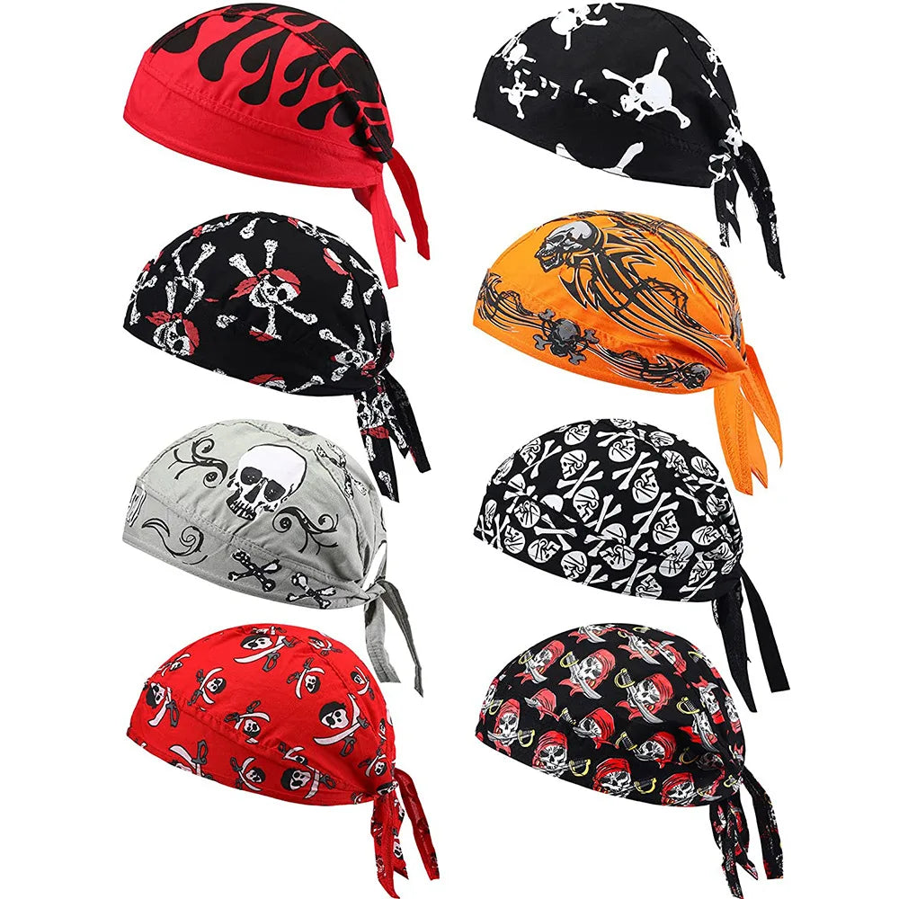 Colección de pañuelos/bandanas de cabeza pirata calavera para ciclismo en rojo, negro y gris.