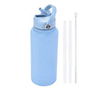 Light blue stainless steel vacuum flask water bottle with a hinged lid and a separate straw.