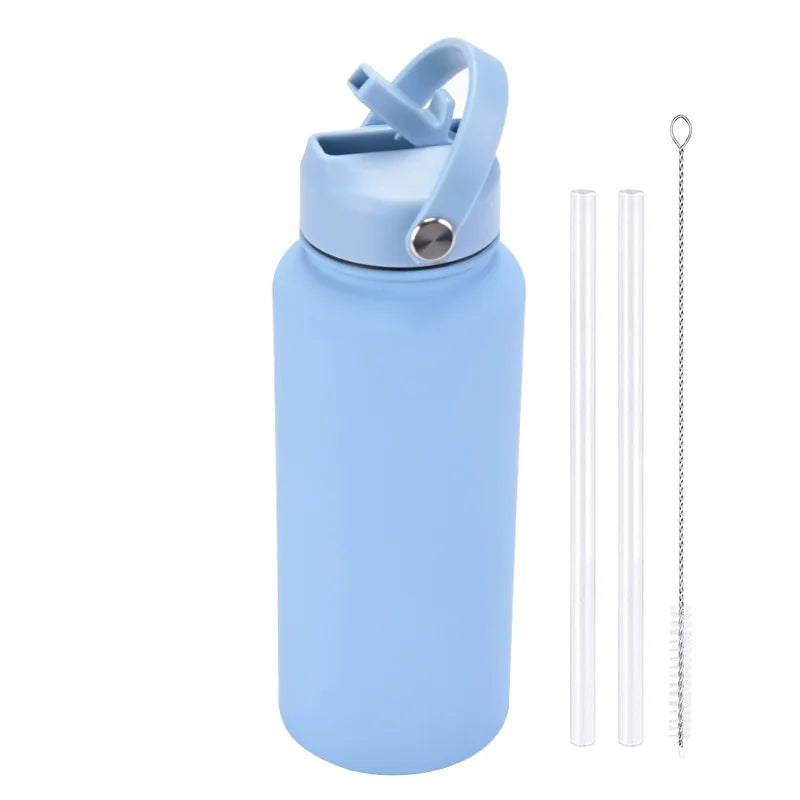 Light blue stainless steel vacuum flask water bottle with a hinged lid and a separate straw.