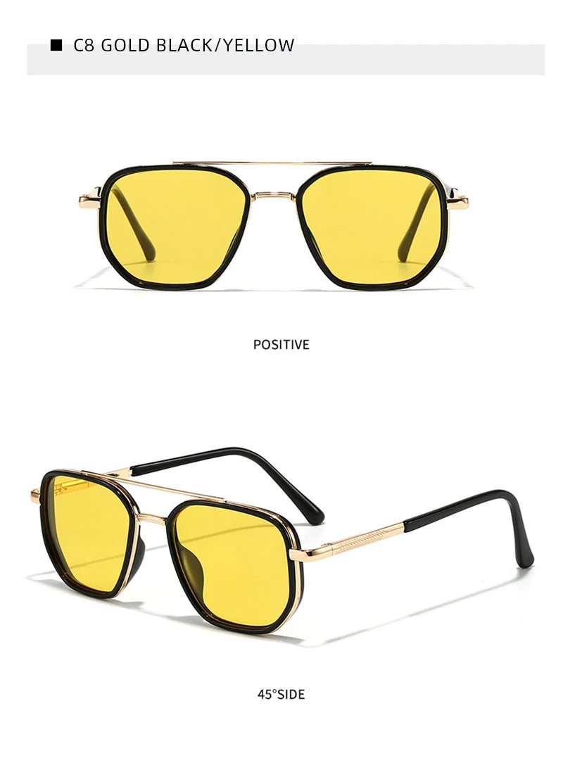 Gold black yellow sunglasses shown in positive and 45 degree side views