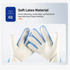 A pair of white and blue soft latex goalkeeper gloves shown in a close-up view.