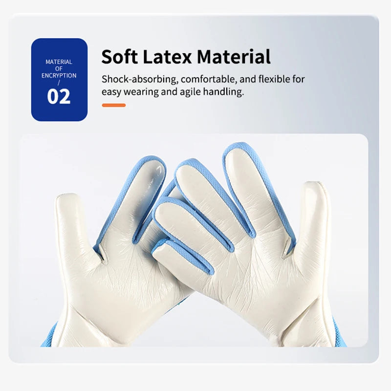 A pair of white and blue soft latex goalkeeper gloves shown in a close-up view.