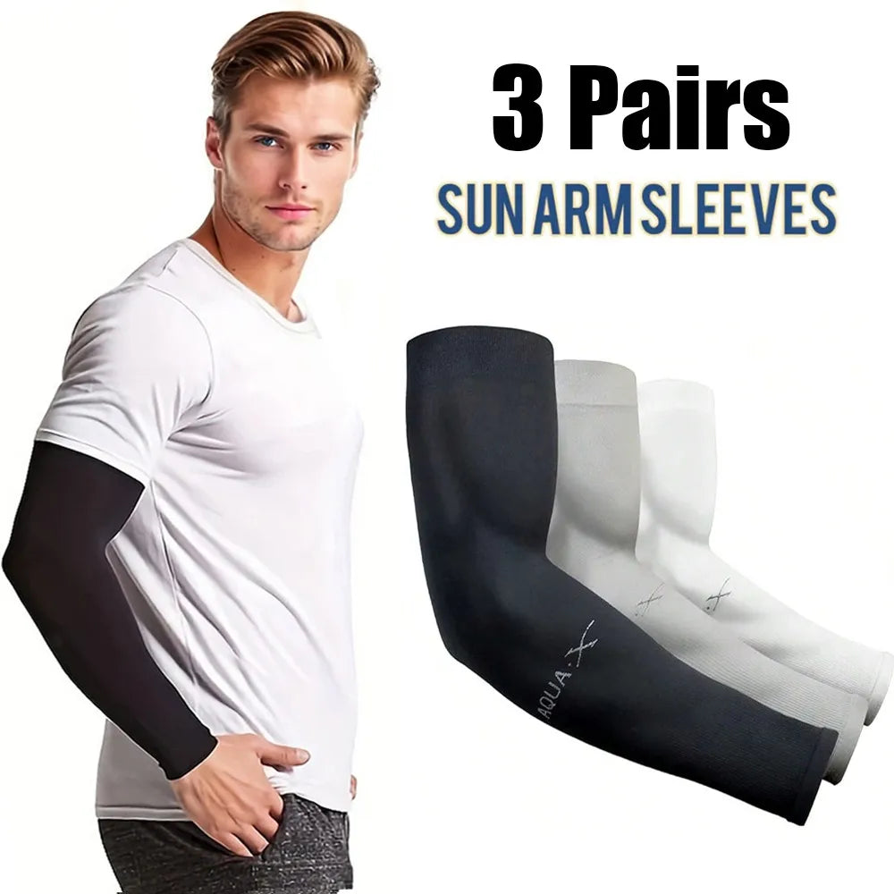 Three pairs of black and white sun arm sleeves displayed on a model's arm.