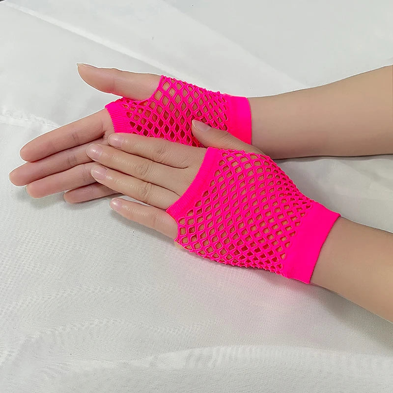 Bright pink mesh fingerless gloves worn on a hand against a white background.