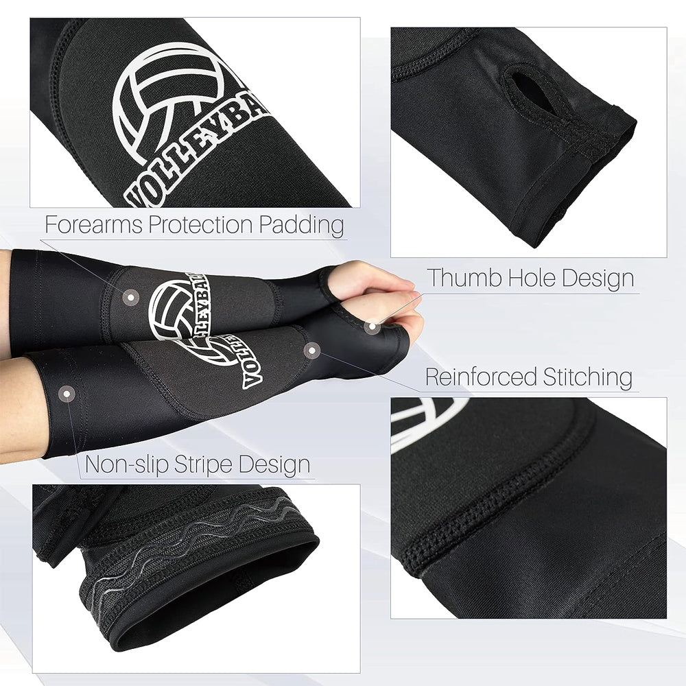 Black padded volleyball arm sleeves showing various features like forearm padding, thumb hole design, and reinforced stitchin
