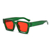 Green retro square frame sunglasses with bright red lenses