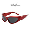 A pair of red frame sunglasses with dark lenses shown against a white background.