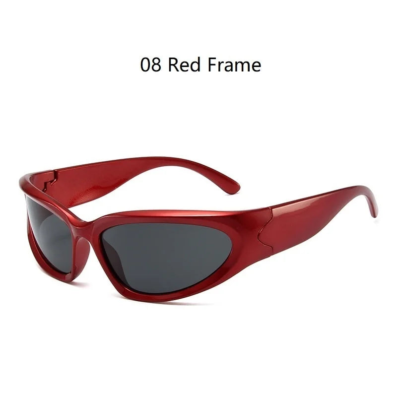 A pair of red frame sunglasses with dark lenses shown against a white background.