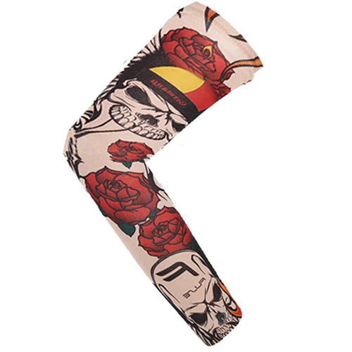 A black and red design arm sleeve featuring skulls and roses for sun protection.