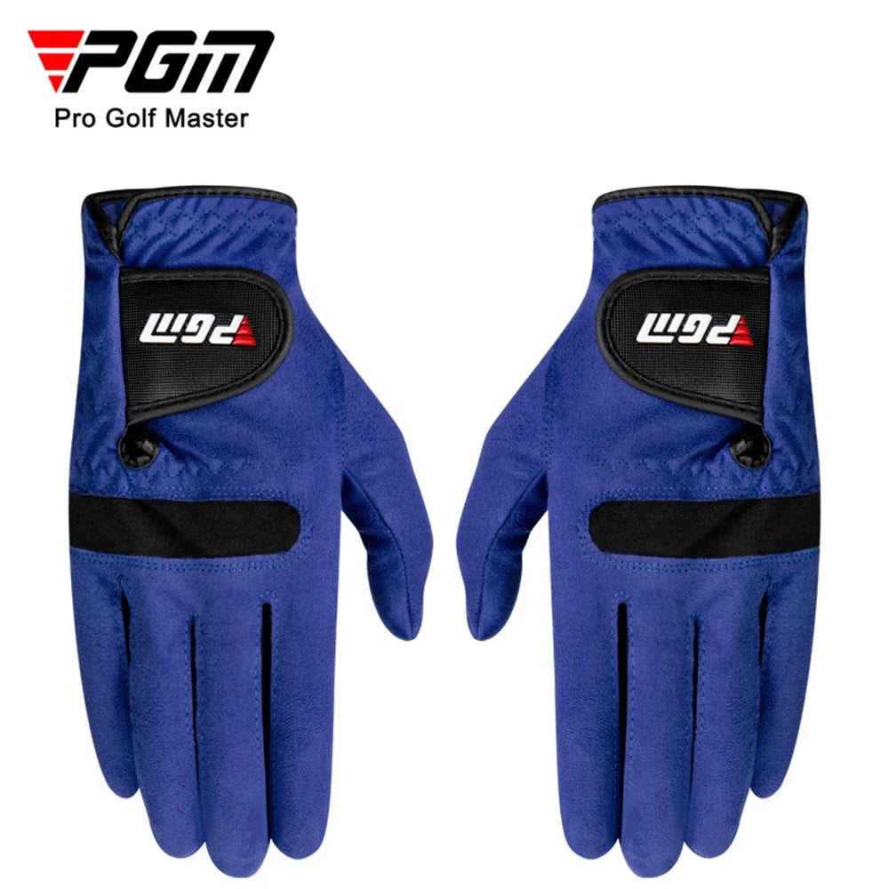 A pair of royal blue golf gloves with black accents shown from the back.