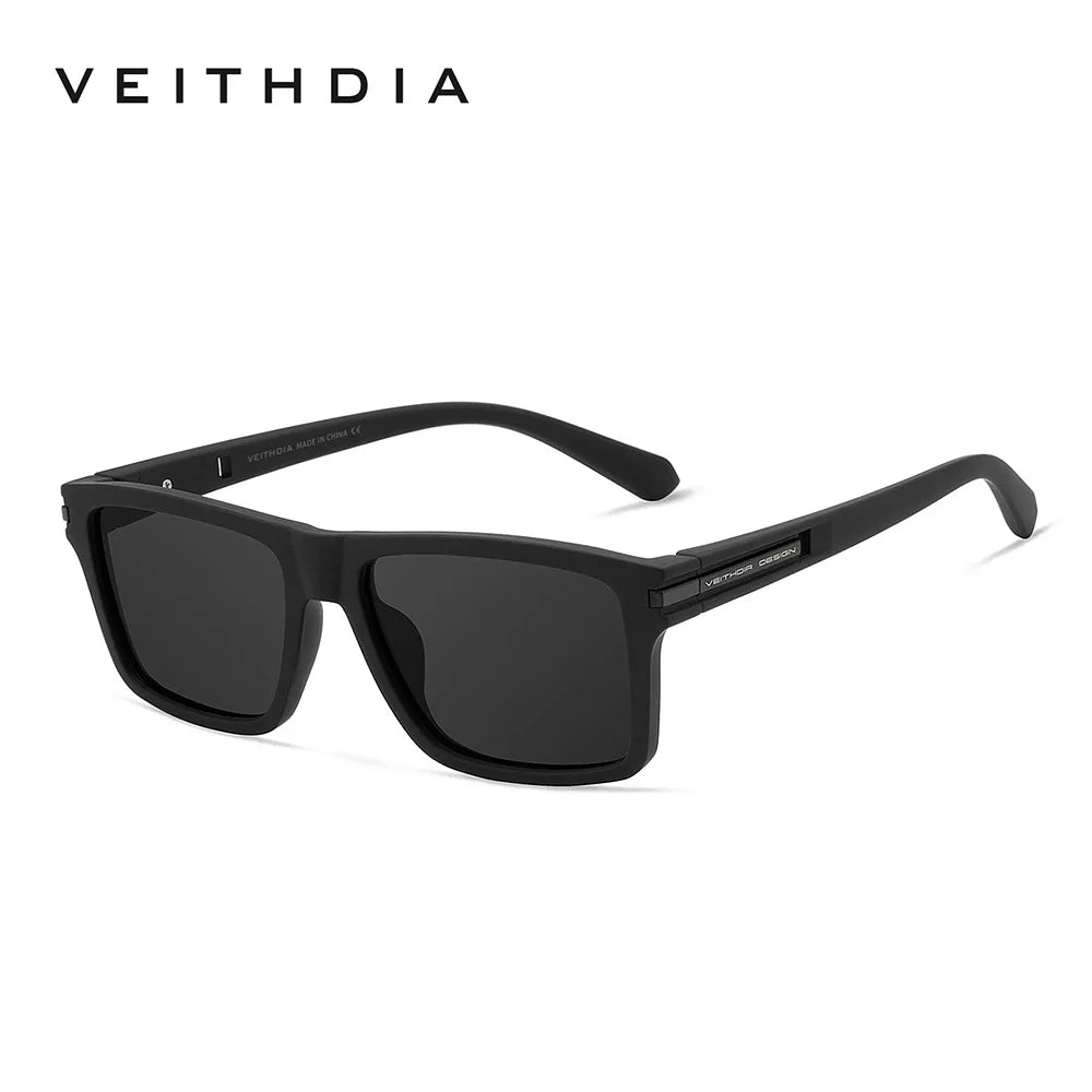 Black square sunglasses with a black frame and temple, shown against a white background.