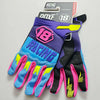 Purple cycling gloves with neon yellow accents for riding