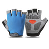 A pair of blue and gray breathable anti-slip gym workout gloves shown against a white background.