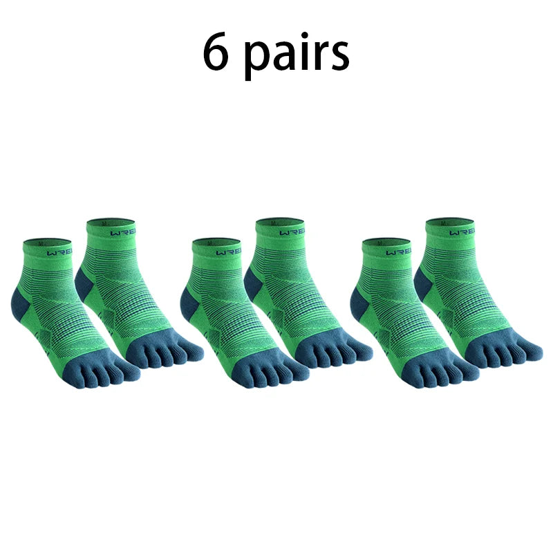 Six pairs of green compression socks displayed side by side.