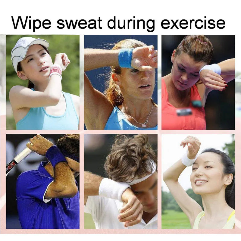 Four panels showing individuals using wristbands during exercise to wipe sweat.