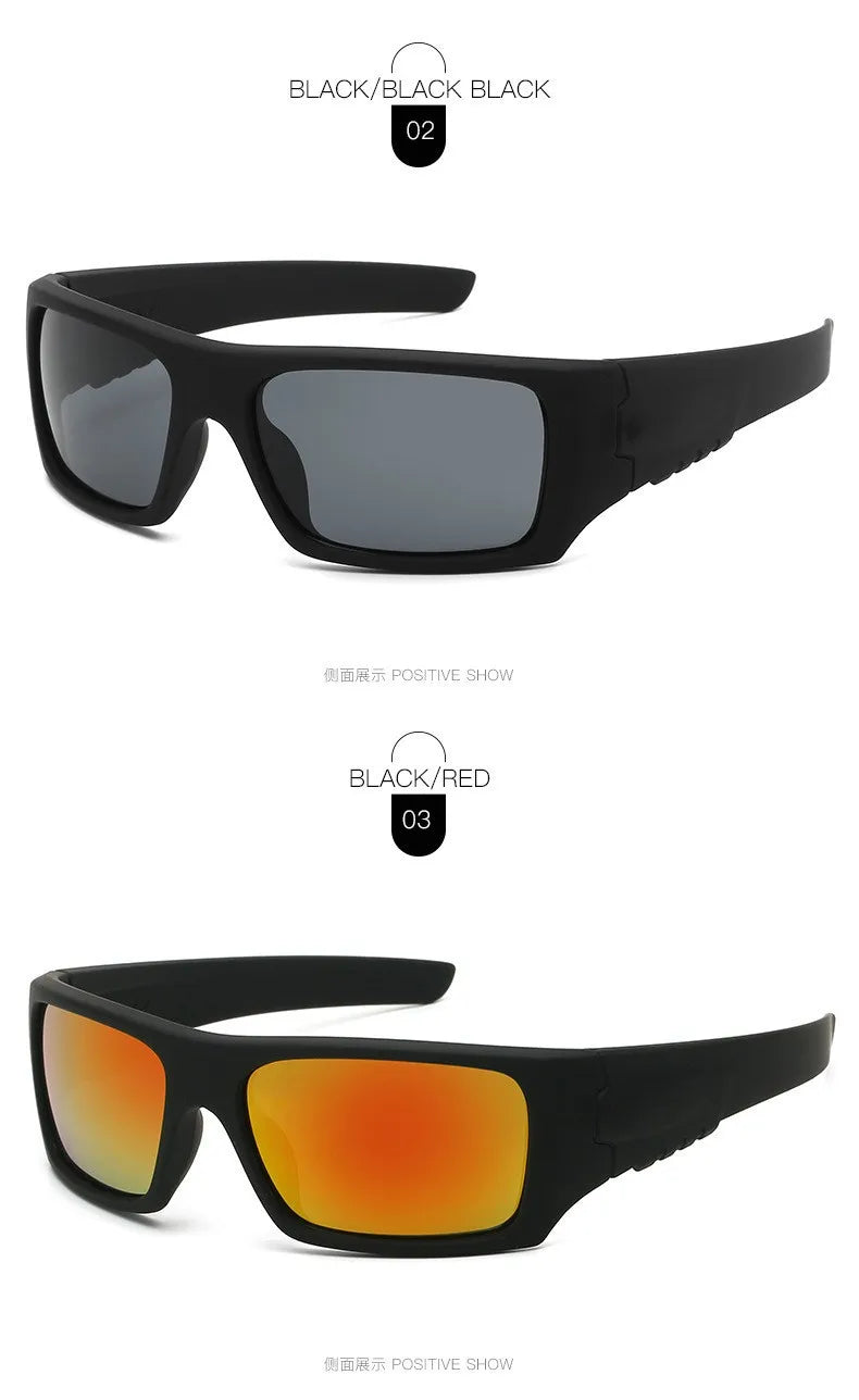 Black sunglasses shown in multiple color options, including black and red lenses.
