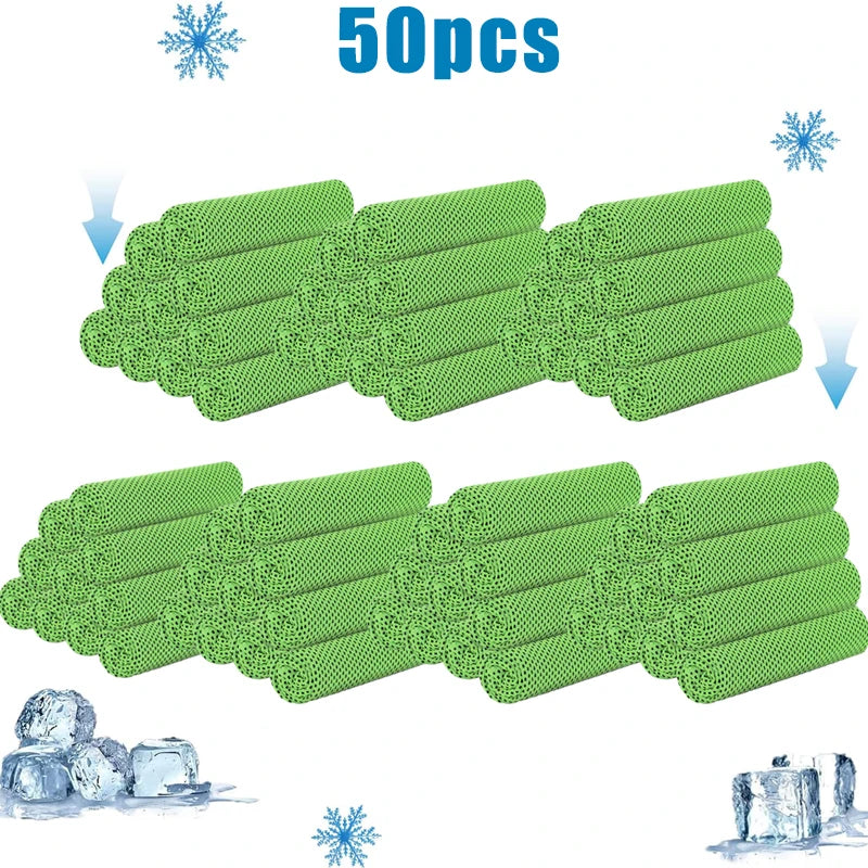 A set of 50 green cooling microfiber towels for sports and wellness, shown in a flat layout.