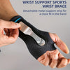 A hand is wearing a black wrist support sports wrist brace with a detachable metal strip for hand support.