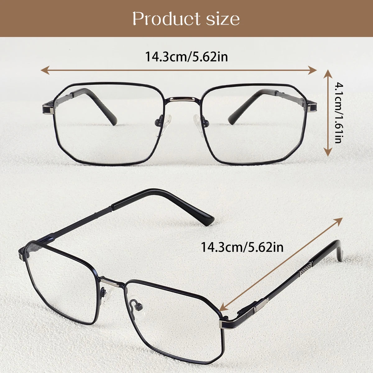 A pair of black photochromic progressive reading glasses shown from the front and side, with dimensions 14.3cm/5.62in.
