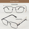A pair of black photochromic progressive reading glasses shown from the front and side, with dimensions 14.3cm/5.62in.