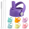 A set of purple and pastel colored secure straw lids for wide mouth bottles.