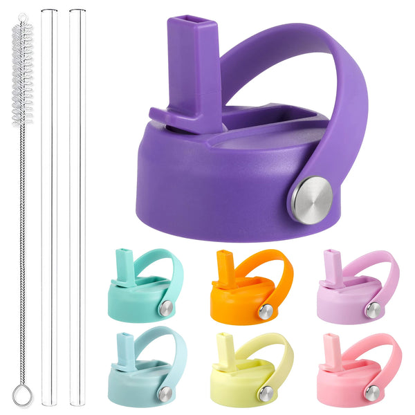 A set of purple and pastel colored secure straw lids for wide mouth bottles.