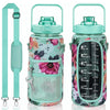 A teal insulated water bottle cover with a floral pattern and an adjustable strap is shown.