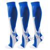 A set of three blue compression socks for athletes and medical use shown from the side.