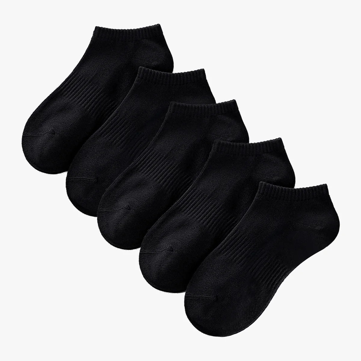 A stack of black thin ankle socks laid out flat.