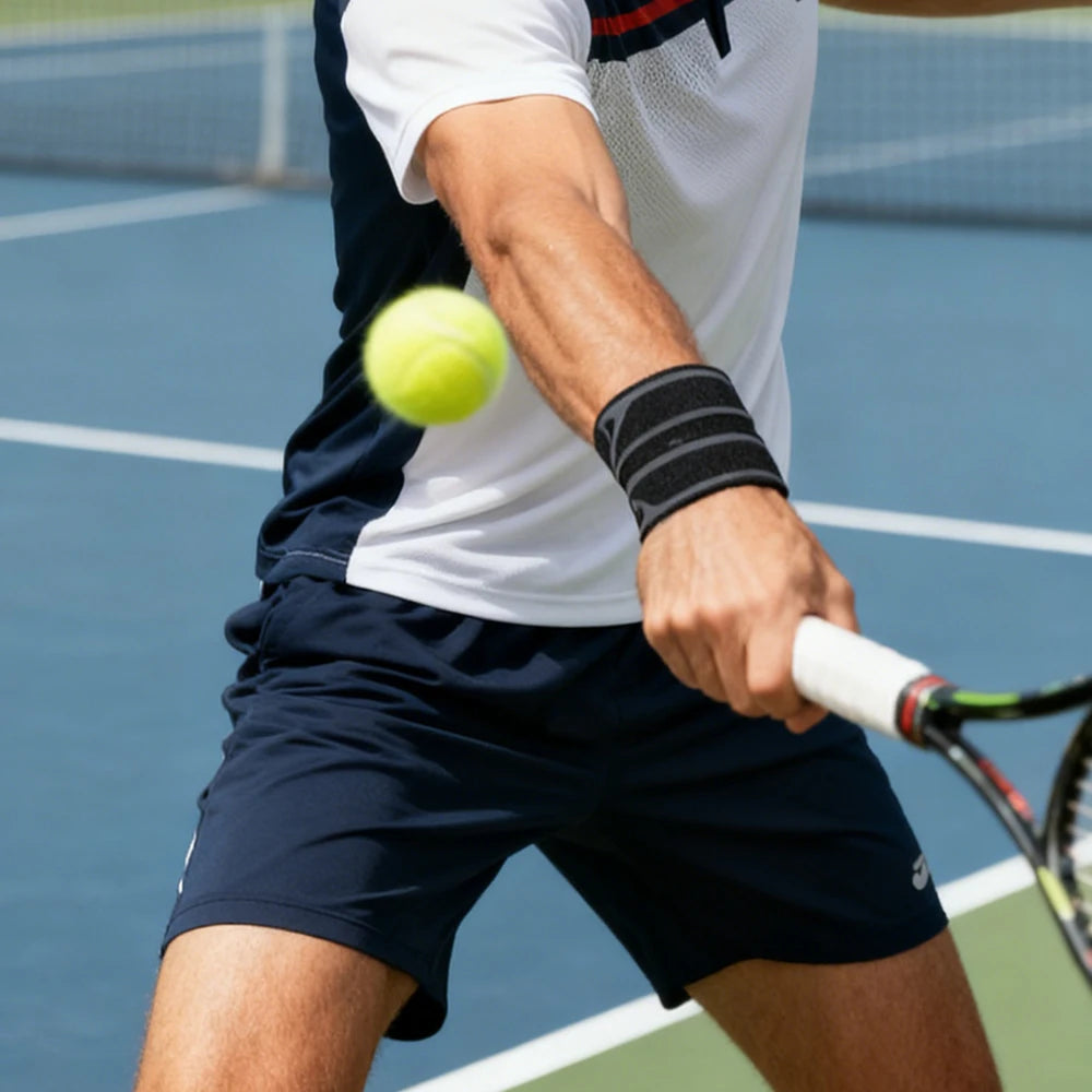 A person holding a yellow tennis ball with a dual wrist support brace on a tennis racket.