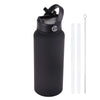 Black stainless steel vacuum flask water bottle with a lid and attached straw.