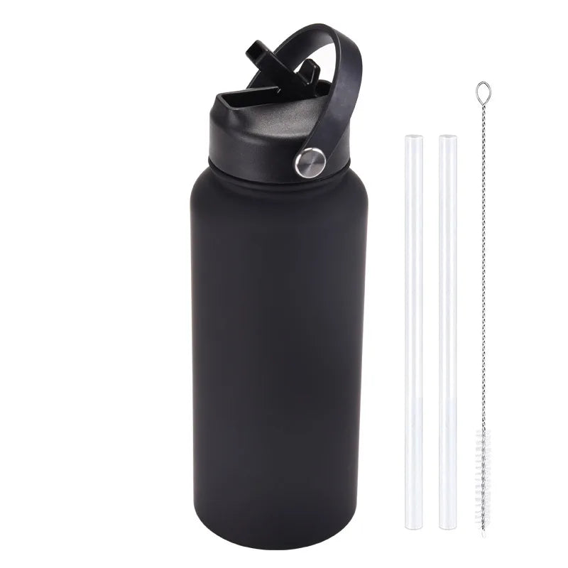 Black stainless steel vacuum flask water bottle with a lid and attached straw.